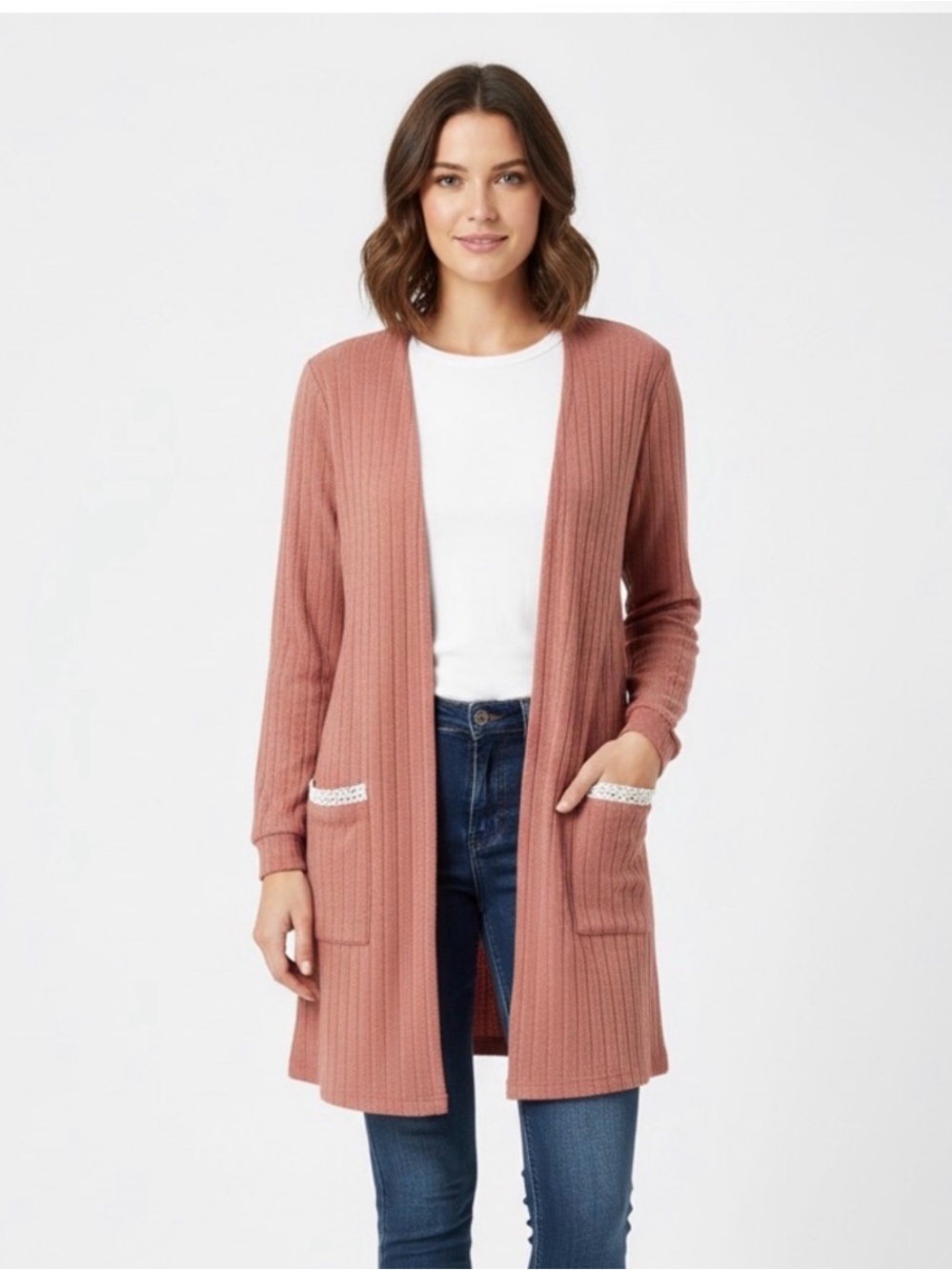 Ribbed Open-Front Long Cardigan - Dusty Rose  Size Medium  NWT